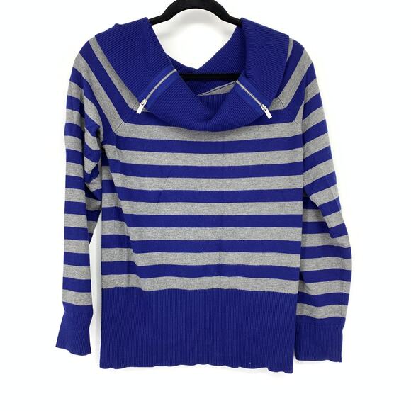 Guess Pullover Off Shoulder Sweater Womens Sz XL BLue Gray Striped Zipper Detail - Picture 1 of 7
